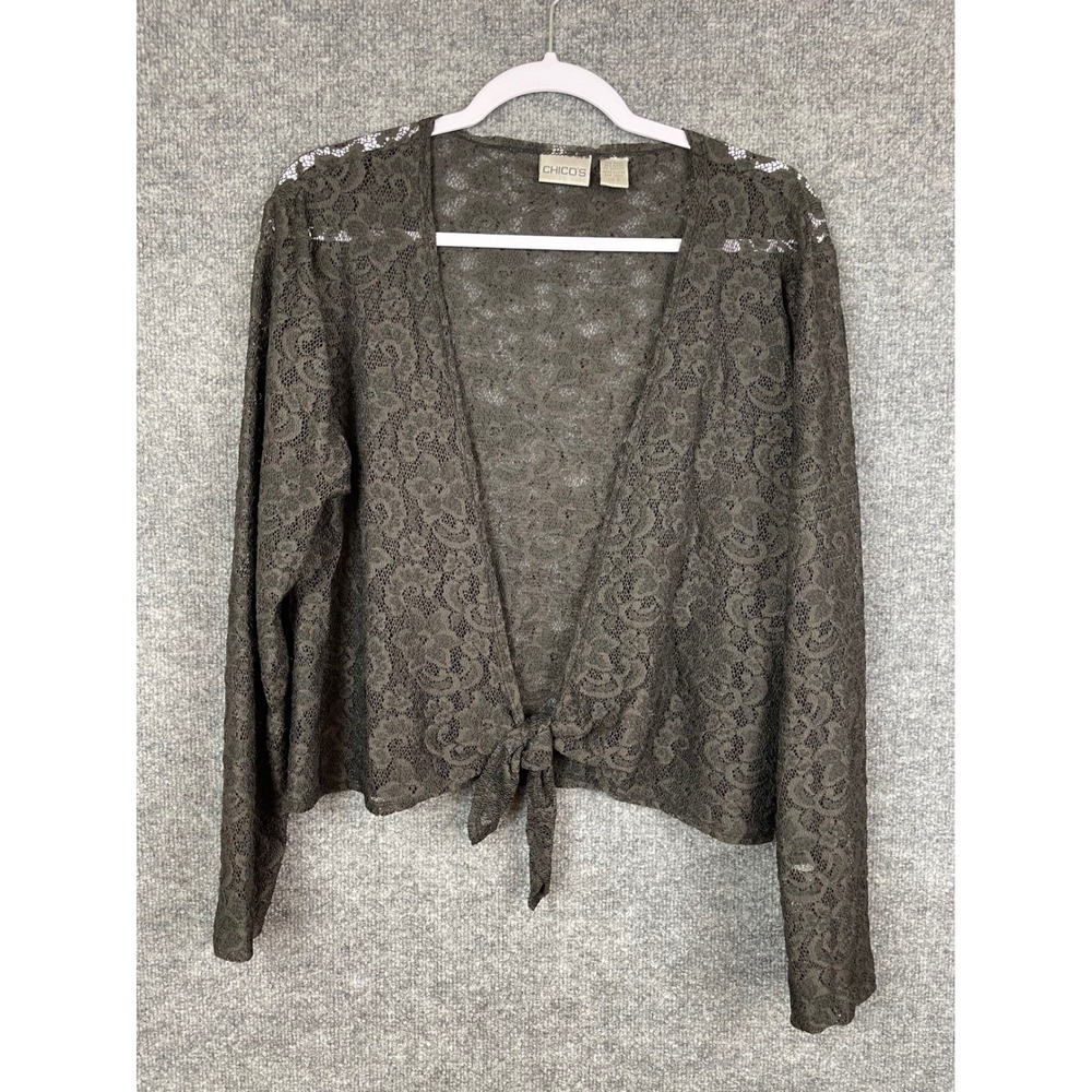 Chico's Lace Cardigan Women 2 Black Sheer Tie Front Long Sleeve Cropped